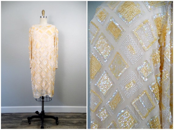 Iridescent Peach Sequin Dress / Cream Sequined Be… - image 6