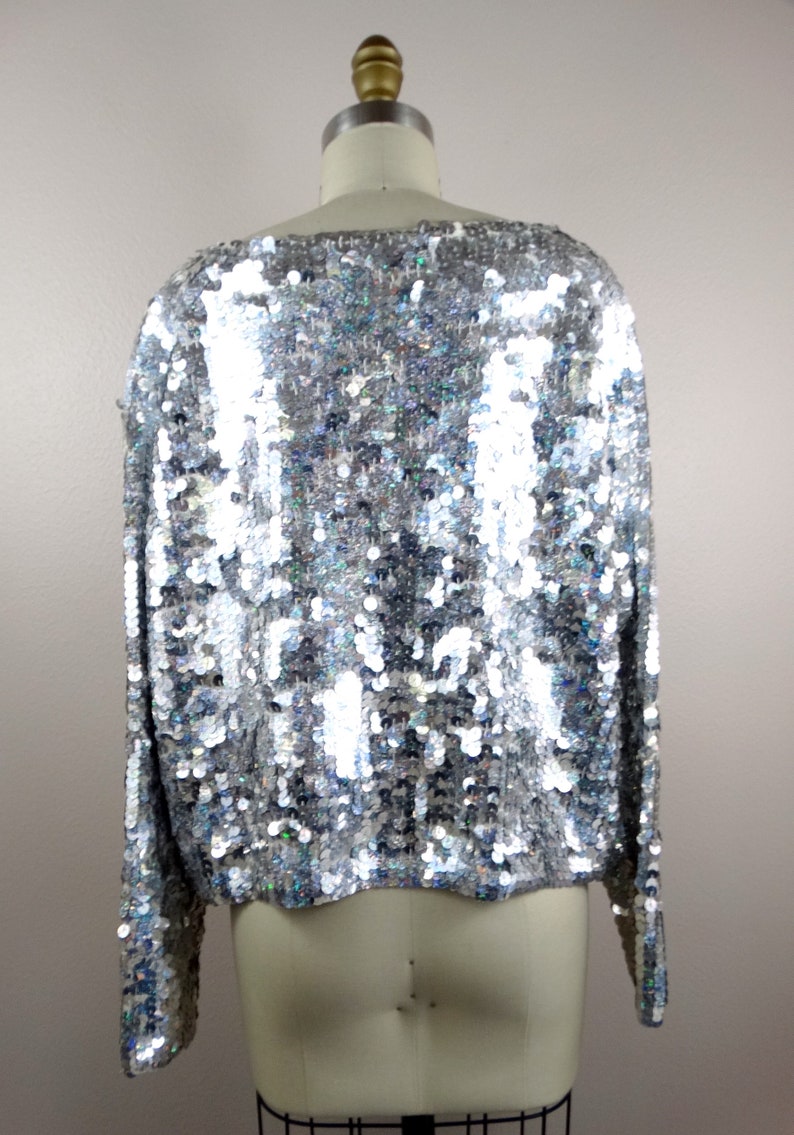 L/XL Holographic Sequin Cardigan Top // Iridescent Silver Sequin Jacket