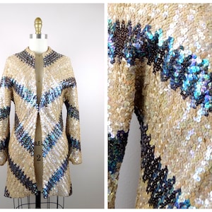 MOD 70s Vintage Glam Sequin Embellished Coat // Fully Sequined Long Jacket by Bonwit Teller