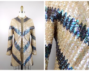 MOD 70s Vintage Glam Sequin Embellished Coat // Fully Sequined Long Jacket by Bonwit Teller