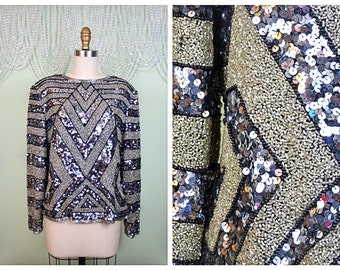 S/M Heavy Mirror Silver Sequined Beaded Top // Heavily Embellished Blouse