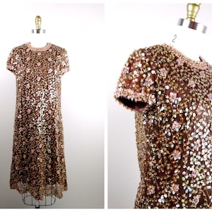 50s 60s Couture Sequined Dress by Saks Fifth Avenue / 1960s Vintage Champagne Brown Embellished Mod Dress / Crystal Beaded Dress