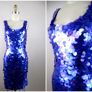 80s 90s Purple Paillette Party Dress / All Over Sequined Dress XS Small Medium