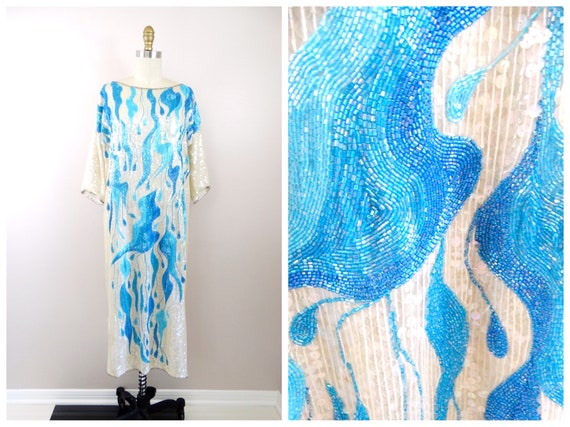 RARE Bright Beaded Iridescent Sequined Dress / Sk… - image 1