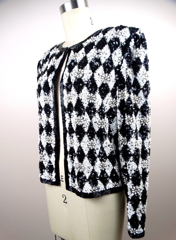 VTG Pearl Beaded Black and White Sequined Jacket … - image 5