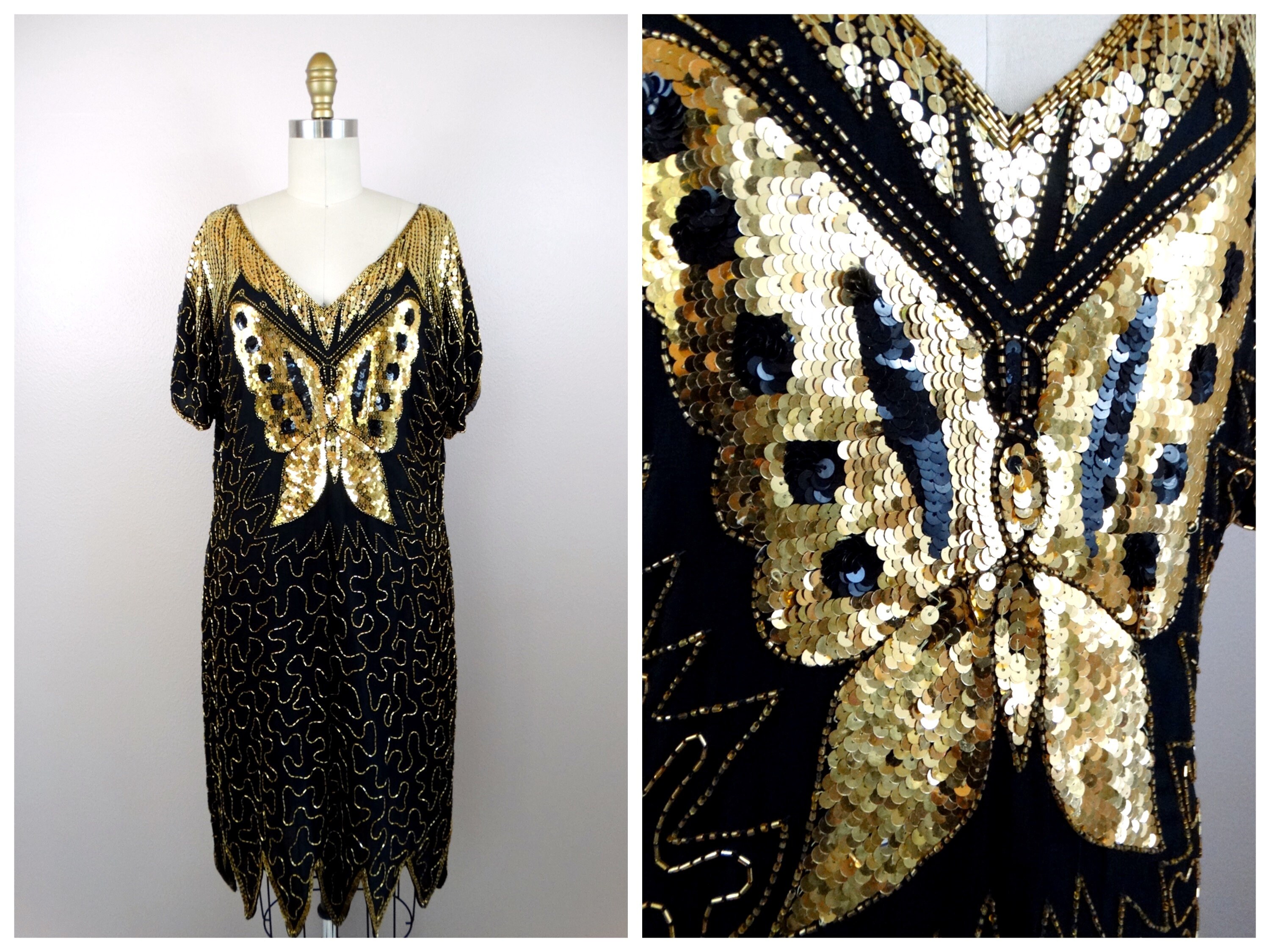 M/L Gold Butterfly Sequin Dress / Vintage Beaded Dress Size