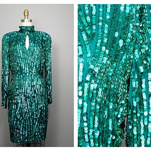 M/L Dazzling Jade Sequin Dress / Green Beaded Sequined High Neck Long Sleeved Trophy Dress