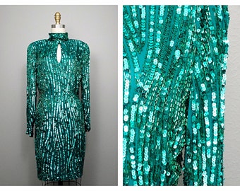 M/L Dazzling Jade Sequin Dress / Green Beaded Sequined High Neck Long Sleeved Trophy Dress