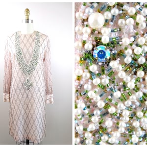 50s 60s Pink Beaded Sequined Dress ‣ Pastel Pink Pearl Beaded 1960’s Crystal Rhinestone Encrusted Sequin Embellished Dress