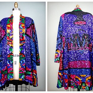INCREDIBLE Retro Sequined Swing Coat / Colorful Sequined Long Jacket / Bright Sequin Embellished Open Kaftan / Glamorous Vintage Duster