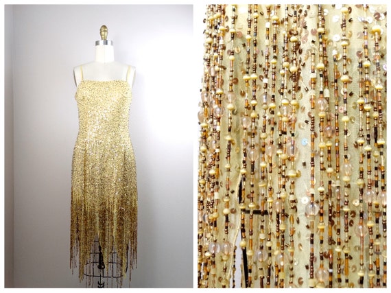 gold sequin dress with fringe