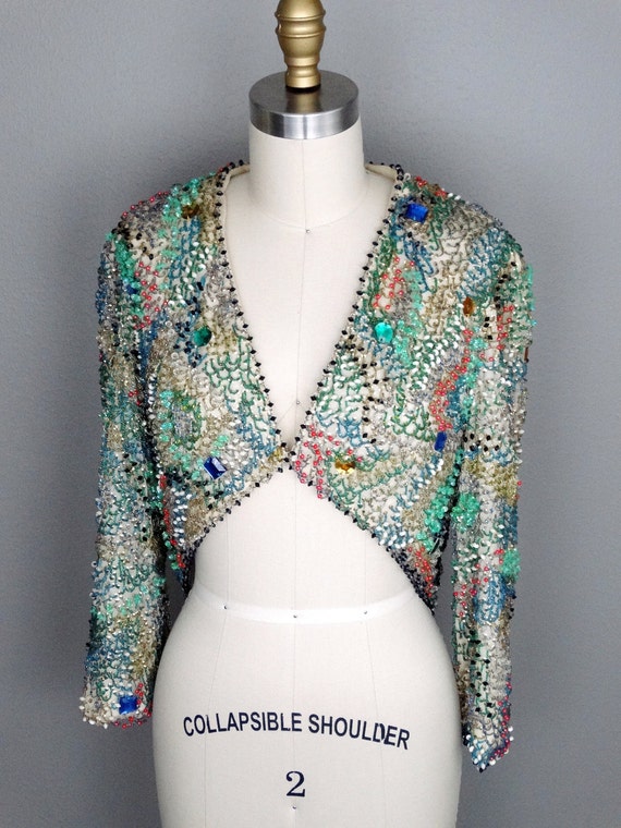40s Jewel Beaded Sequin Couture Bolero Top 1940s Ornate Heavily Embellished Cropped Shrug
