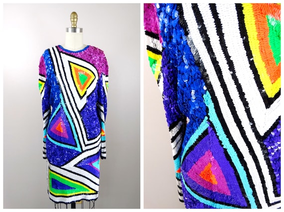 80s Funky Sequin Dress / Neon Sequined Dress / 19… - image 6