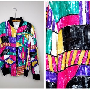 FUNKY Sequined Bomber Jacket / Retro Fully Embellished Bright Sequined Jacket / Heavily Beaded Sequin Jacket