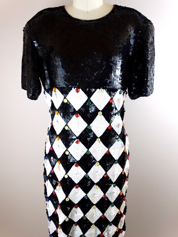 80s Jewel Beaded Sequin Dress / Bejeweled Black a… - image 2