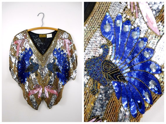 VTG Butterfly Sequined Blouse // Art Deco Peacock… - image 5