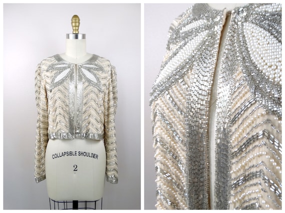 Vintage Pearl Beaded Bolero // Cream Silk Silver … - image 6