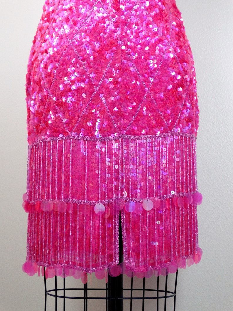 VTG Hot Pink Fringe Beaded Dress // Sequin Embellished Fringed Etsy