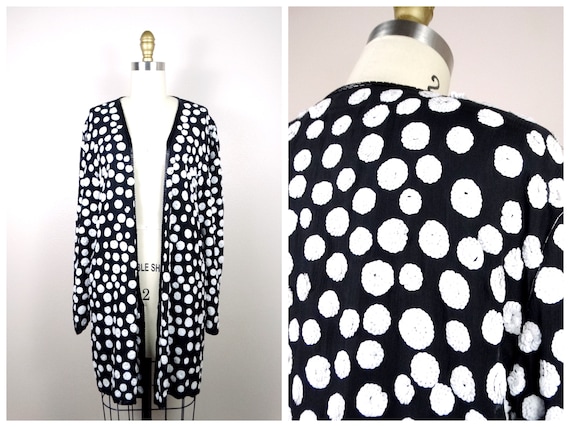 M/L Polka Dot Sequined Long Jacket / Black and Whi