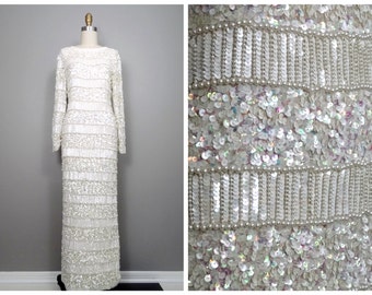 Vintage Pearl Beaded Wedding Dress / Silk Sequined Beaded Gown / Heavily Embellished Iridescent White Wedding Gown