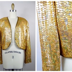 L/XL Holographic Gold Sequined Bolero // Fully Embellished Gold Beaded Sequin Cropped Jacket XL