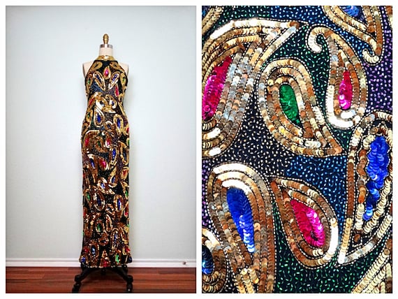 VTG Multicolor Beaded Gown // Art Deco Bead and Se