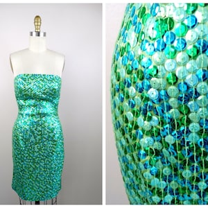 Vestido de fiesta de sirena con lentejuelas de neón L/XL // Minivestido sin tirantes con lentejuelas de color azul verdoso iridiscente // Vestido con lentejuelas de los años 90