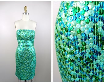 L/XL Strapless Sequin Mini Dress - Iridescent Green Blue 90s Party Dress