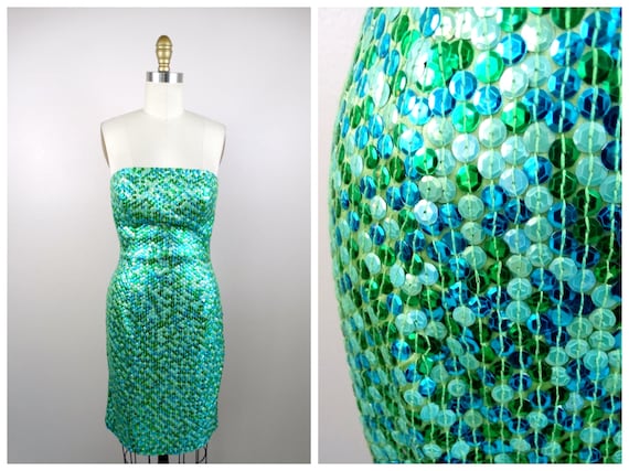 Neon Mermaid Sequin Party Dress // Iridescent Gre… - image 1