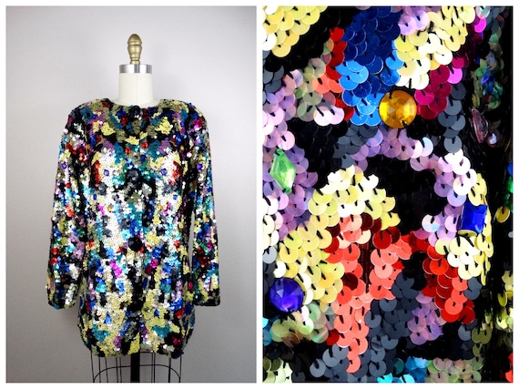 Rainbow Jewel Embellished Cardigan Sweater Top Multicolor Sequin Beaded Jacket Etsy UK