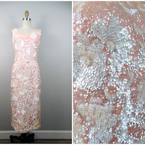 50s 60s Iridescent Sequin Wool Midi Gown / RARE 1950's 1960's Pastel Pink and White Beaded Heavily Embellished Dress