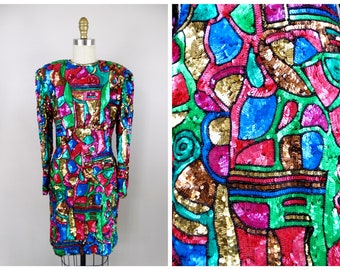 Vestido vintage de lentejuelas neón con cuentas, para fiesta, cóctel, talla mediana
