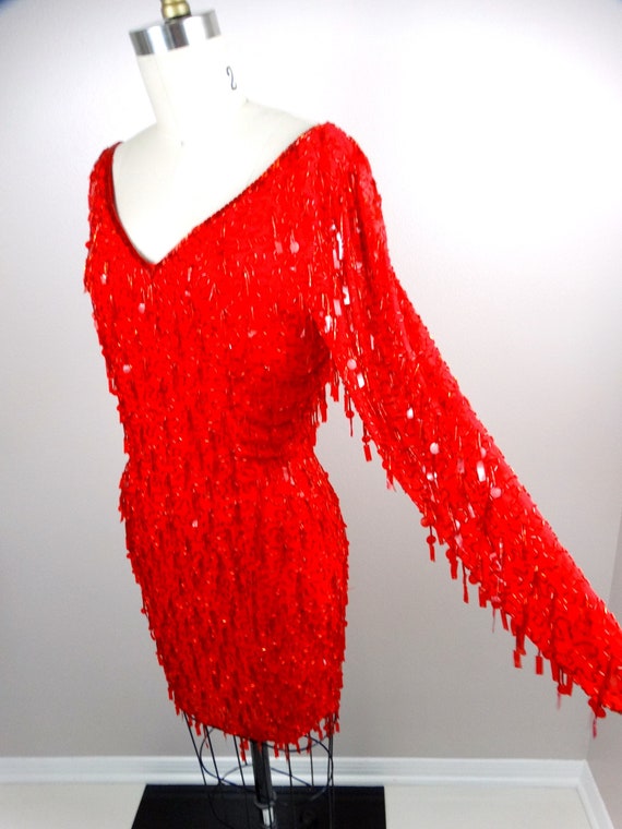 Paillette Fringe Beaded Sequined Dress / Couture … - image 5