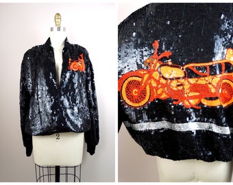 MOTO Sequin Moto Jacket // 80's Black and Neon Orange Sequined Bomber // Hand Beaded Motorcycle Jacket
