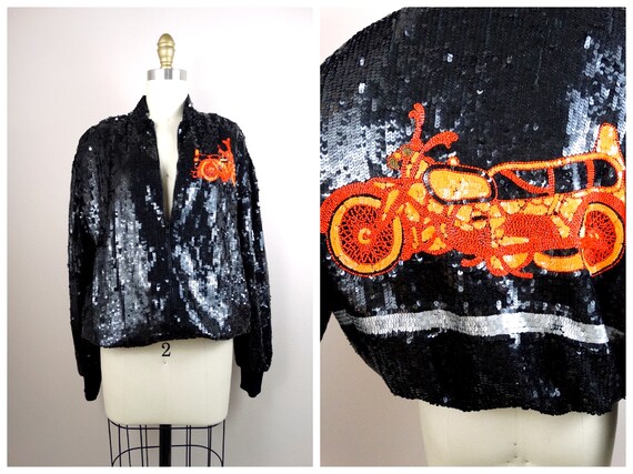 MOTO Sequin Moto Jacket // 80's Black and Neon Or… - image 1