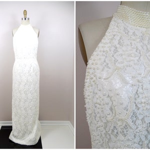 Vintage Pearl Embellished Lace Wedding Dress / Ivory Beaded Gown / Pearl Beaded Halter Bridal Gown w/ Long Veil or Cathedral Train