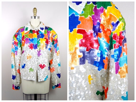GLAM All Embellished Sequin Jacket / Rainbow Puzz… - image 8