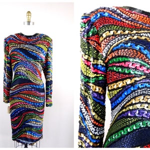 80s Bright Beaded Sequin Dress / Retro Rainbow Sequined Trophy Dress