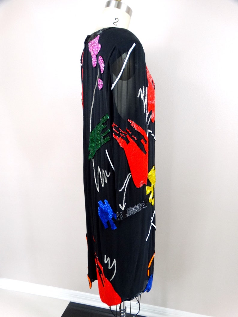 90s Abstract Art Beaded Silk Dress // Hand Embellished Cocktail Dress // Vintage Handmade Party Dress image 5