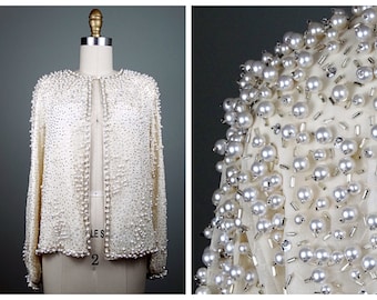 Vintage Pearl Beaded Sequin Jacket // Heavily Ivory White Beaded Silk Blazer // Cream Beaded Sequined Evening Jacket
