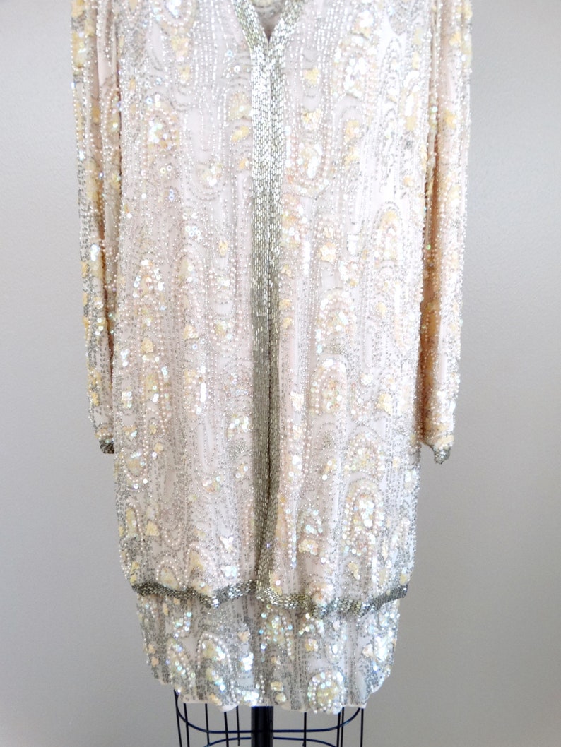 ML Heavy Pearl Beaded Sequin Dress w Overcoat Pastel Pink Silk Iridescent Sequined Dress Mother of the Bride Dress w Long Blazer