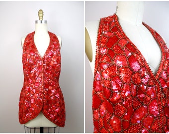 Naeem Khan RIAZEE Sequined Halter Top // Bright Red Sequin Beaded Button Down Top // Vintage Couture Open Back Vest Top