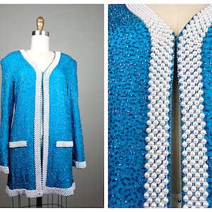 S/M Bright Blue Pearl Beaded Jacket by Judith Ann Creations / Vintage Embellished Blazer
