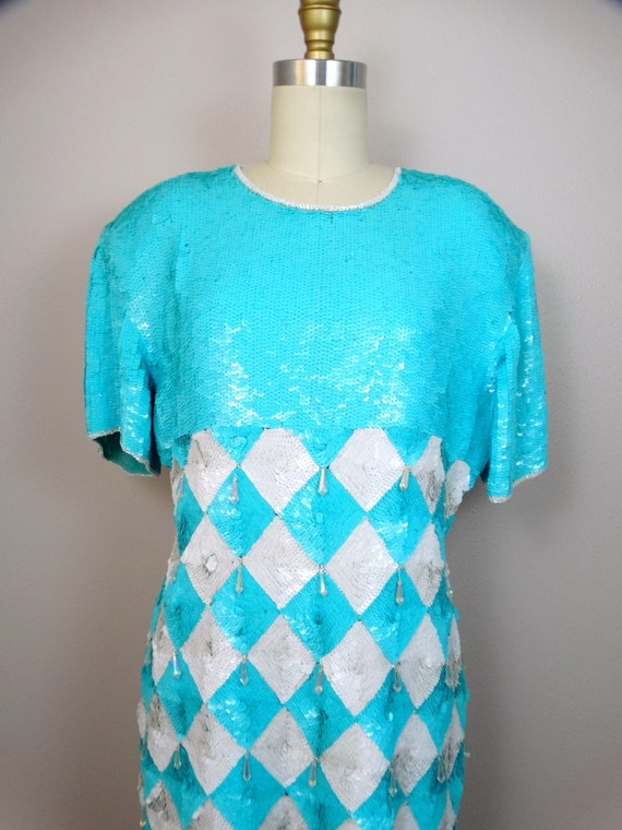 RARE Arctic Sequin Dress • Aqua Neon Blue and Whi… - image 2