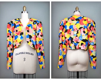 FRUITS & BERRIES Beaded Sequined Cropped Jacket / Novelty Yellow Sequin Embellished Bolero Shrug