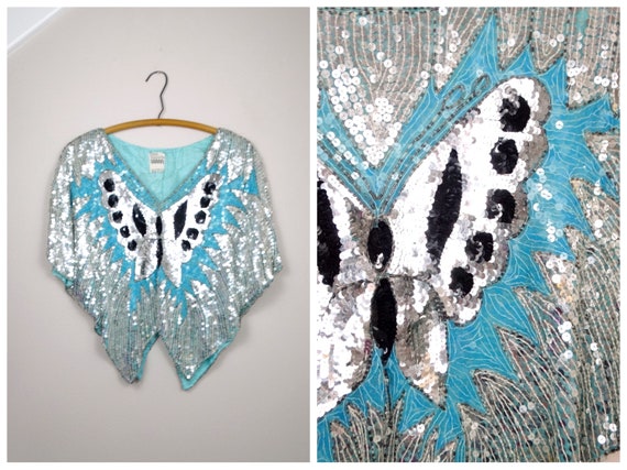 Flashy Sequin Butterfly Top // Pastel Blue Silk Se