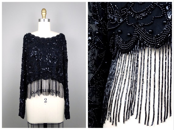 Oleg Cassini Fringe Beaded Crop Top / Dressy Cockt