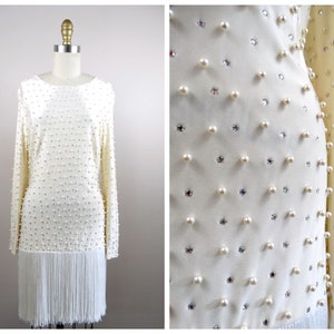 Crystal Embellished Pearl Beaded Dress // Designer Vintage Couture Fringe Mini Dress // Short Wedding Dress