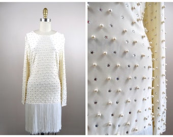 Vestido vintage con flecos y cuentas de perlas, minivestido adornado con cristales