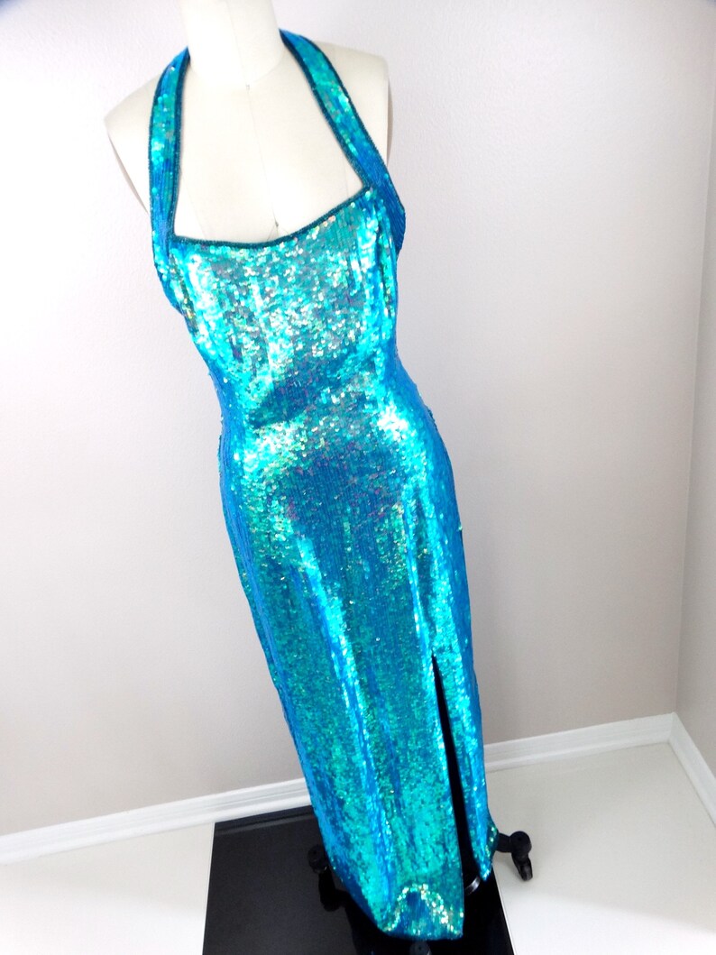 Iridescent Mermaid Sequin Gown / Opalescent Blue Green Chameleon Sequined Dress image 6